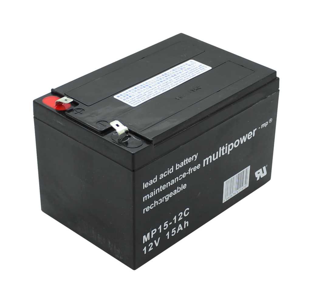 Schwarzer rechteckiger Akku mit zwei Flachsteckanschlüssen oben, einer davon rot markiert, seitlicher Barcode sichtbar