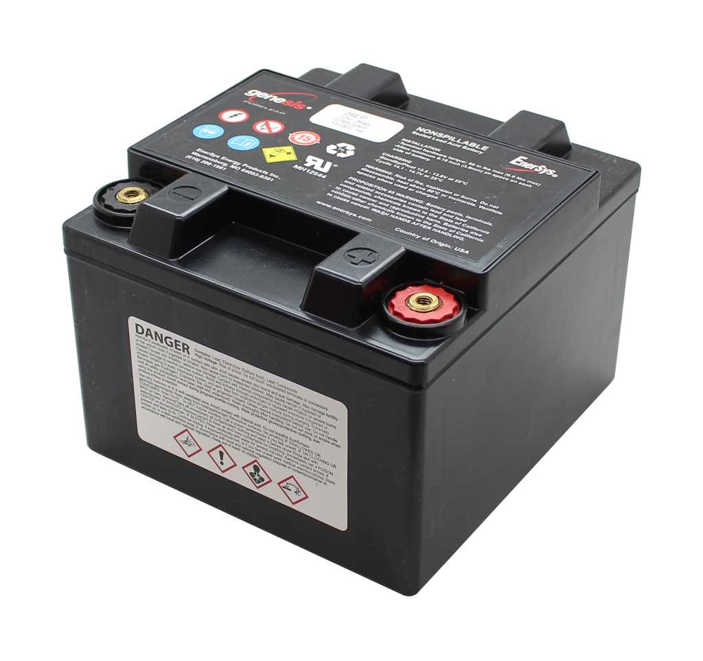 Schwarzer Akkublock mit Tragegriff und zwei Schraubpolen, einer rot markiert, mit Warnetiketten auf Gehäuse und Deckel