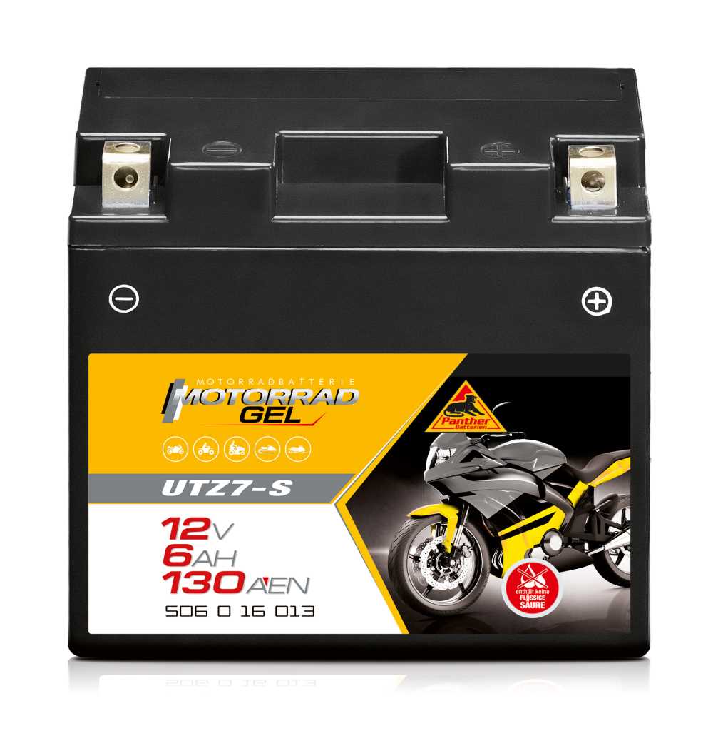 Schwarze Motorradbatterie mit zwei Metallpolen oben und gelbem Etikett mit Motorradgrafik auf der Vorderseite
