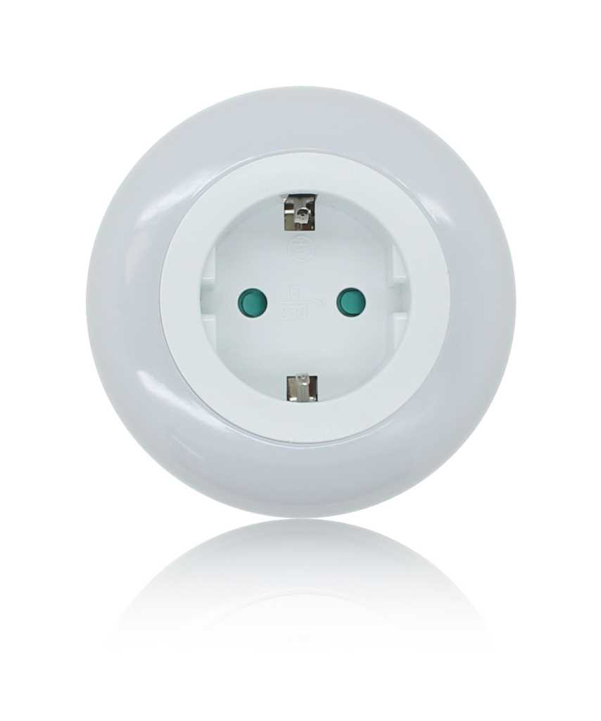 Rundes weißes Steckdosenlicht mit Schuko-Steckdose und zwei grünen Tasten in der Mitte