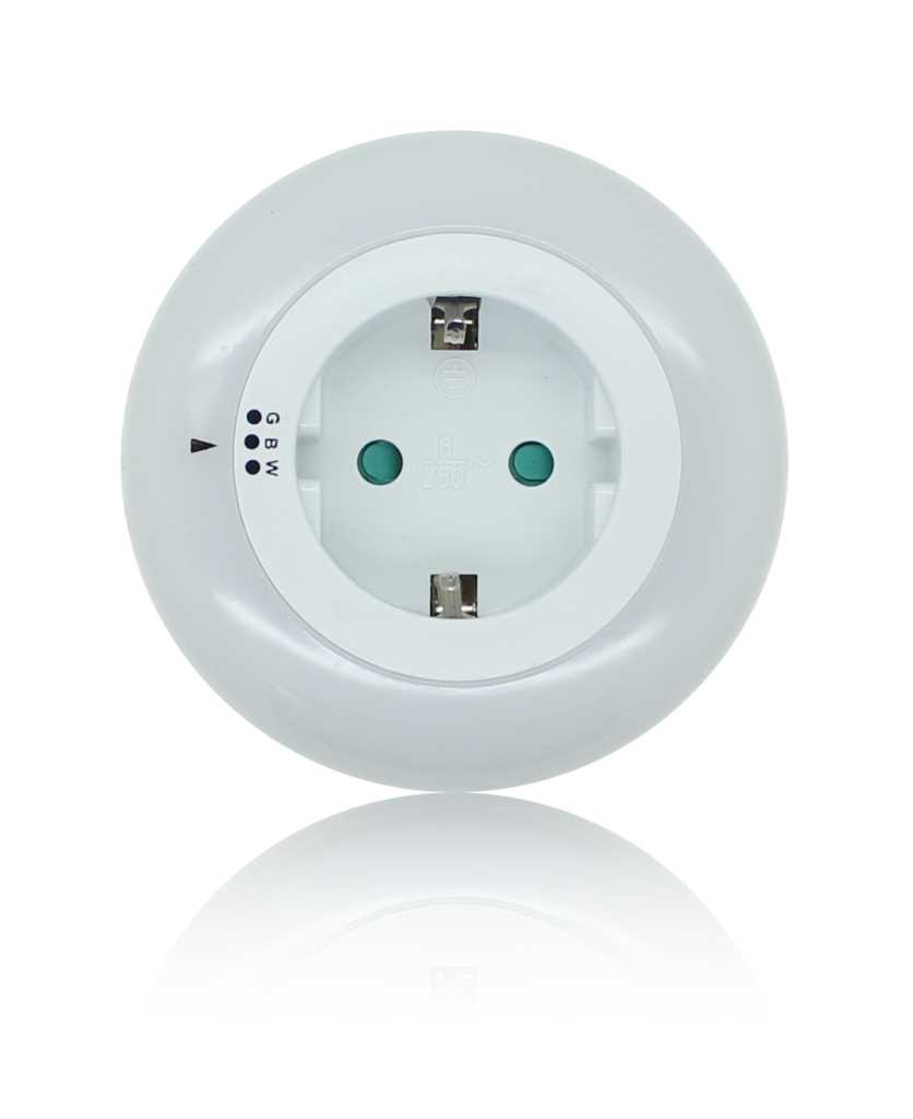 Rundes weißes Steckdosen-Nachtlicht mit Schuko-Öffnung, seitlicher Markierung und drei kleinen Anzeige-Punkten