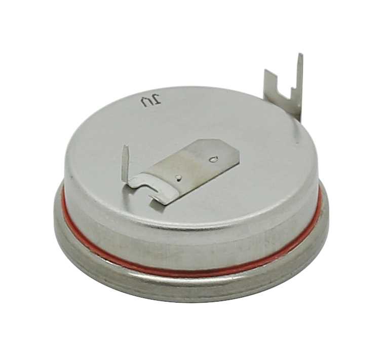 Runde silberne Knopfzelle mit zwei Metallfahnen und rotem Dichtungsring auf weißem Hintergrund