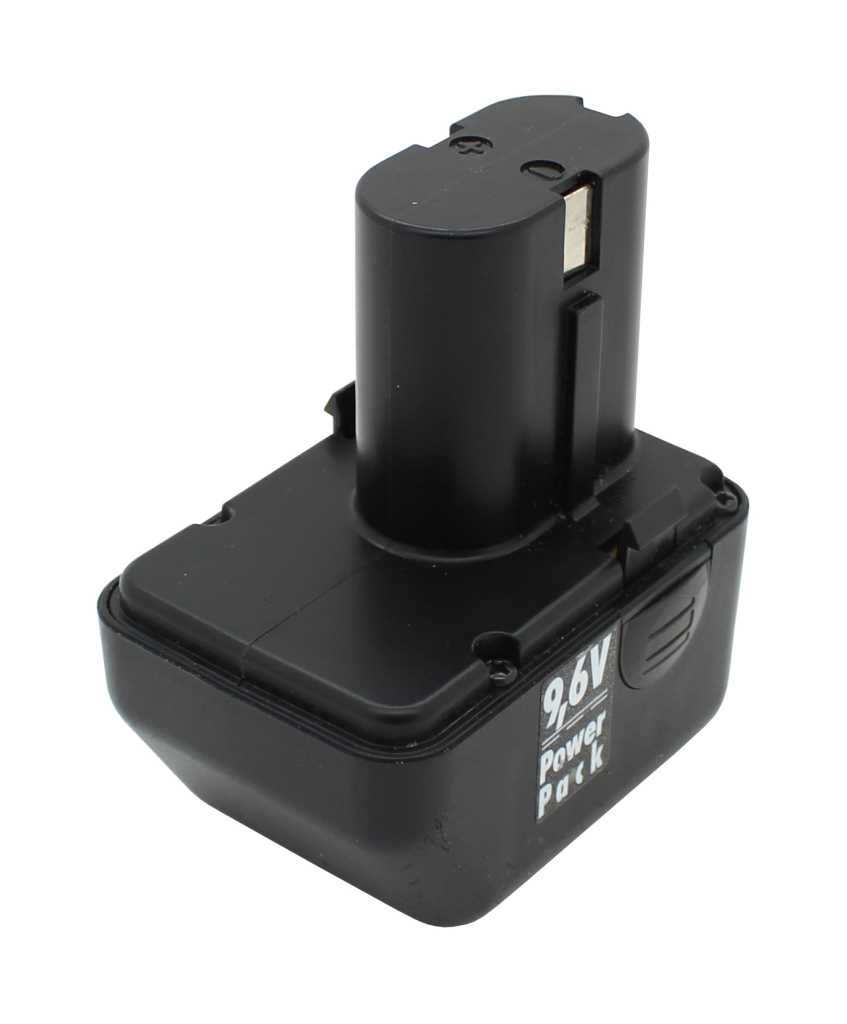 Schwarzer Werkzeugakku mit rechteckigem Sockel und hohem Steckaufsatz, seitlich Entriegelungstaste und Kontaktfläche sichtbar