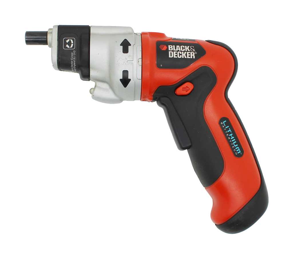 Rot-schwarzer Akkuschrauber in Pistolenform mit abgewinkeltem Kopf, seitliche Ansicht vor weißem Hintergrund