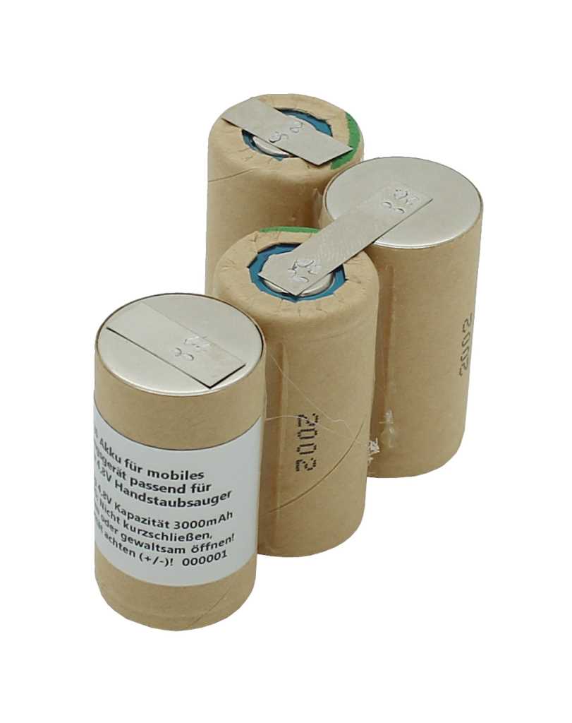 Vier zylindrische Akkuzellen in beige mit Metallkontakten, zu einem Block zusammengefasst, eine Zelle mit Aufkleber