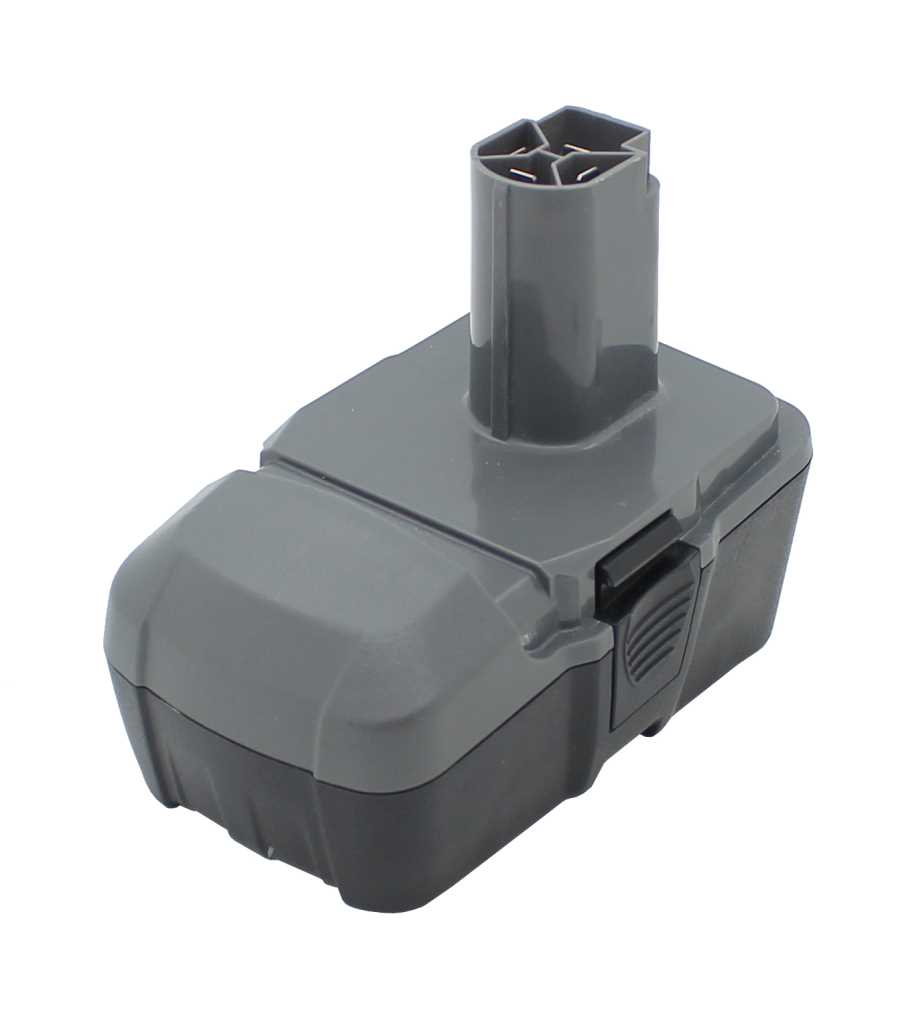 Grauer Werkzeugakku mit rechteckigem Gehäuse, entriegelbarem Clip an der Seite und hohem Steckanschluss oben