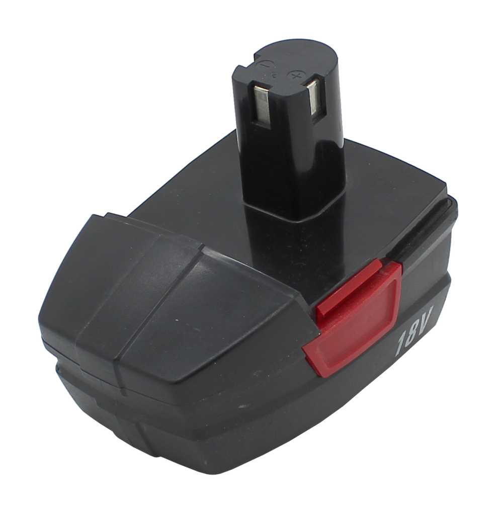 Schwarzer Werkzeugakku mit roter Entriegelungstaste und Kontaktstiften, seitlich Aufdruck 18V