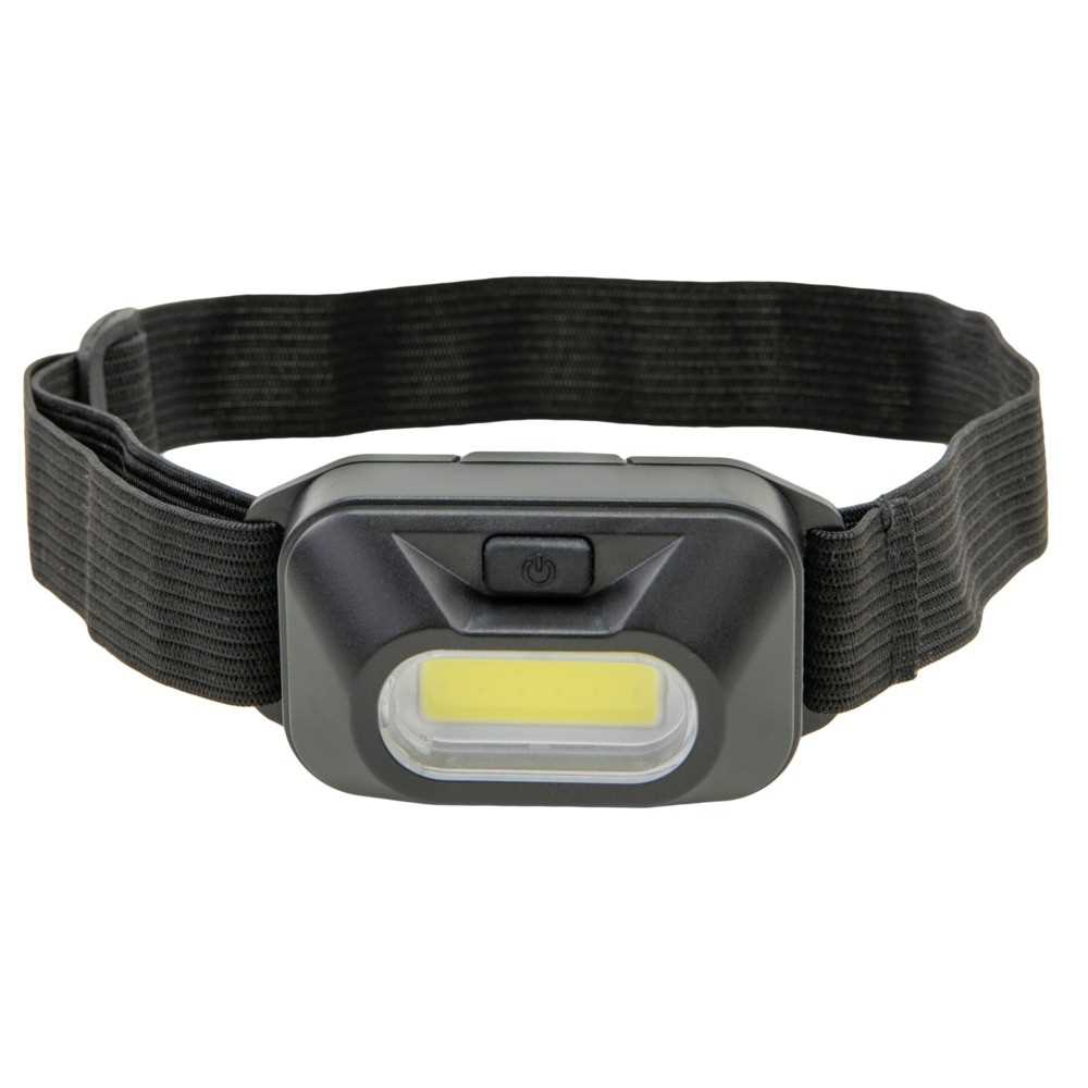 Schwarze Stirnlampe mit elastischem Kopfband, zentralem Gehäuse mit rechteckigem LED-Feld und Ein-/Aus-Taste