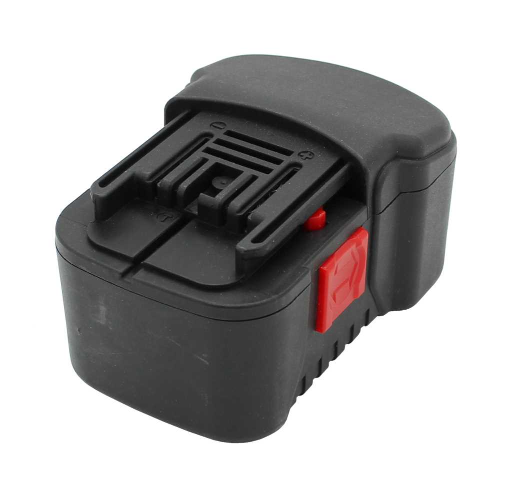 Schwarzer Werkzeugakku mit rotem Entriegelungsknopf und Schiebeführung auf der Oberseite auf weißem Hintergrund
