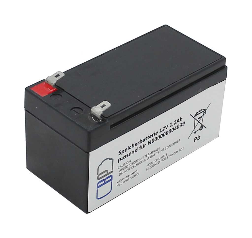 Schwarze rechteckige Batterie mit zwei Flachsteckkontakten oben und seitlichem Etikett, ein Kontakt rot markiert