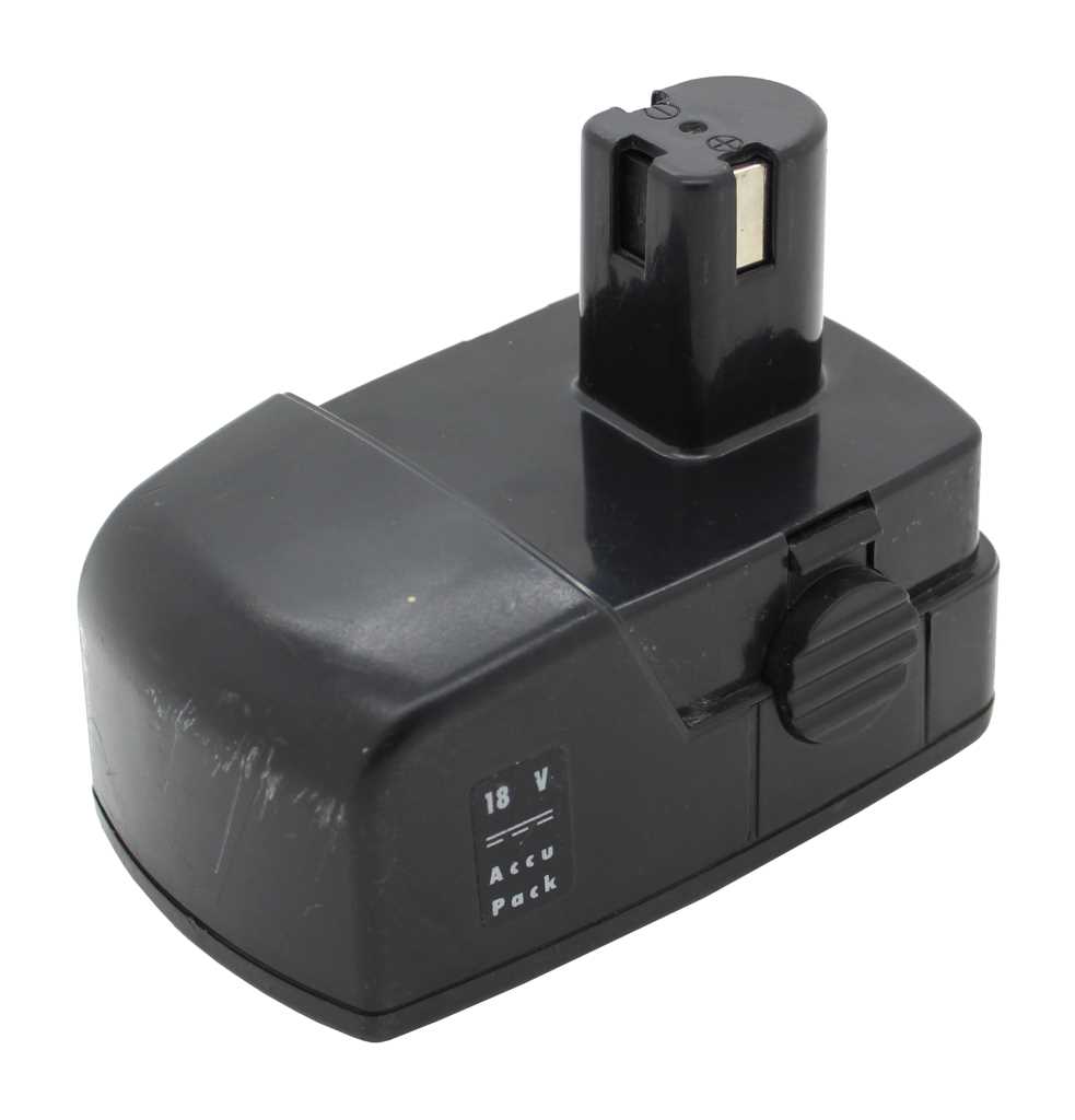 Schwarzer Werkzeugakku mit Steckkontakt oben und Entriegelungstaste an der Seite auf weißem Hintergrund