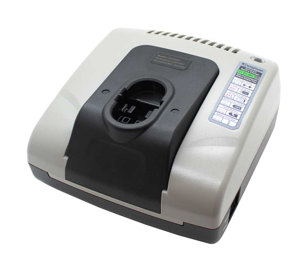 Graues Akkuladegerät mit schwarzer Aufnahmeöffnung oben und Statusaufkleber an der rechten Seite