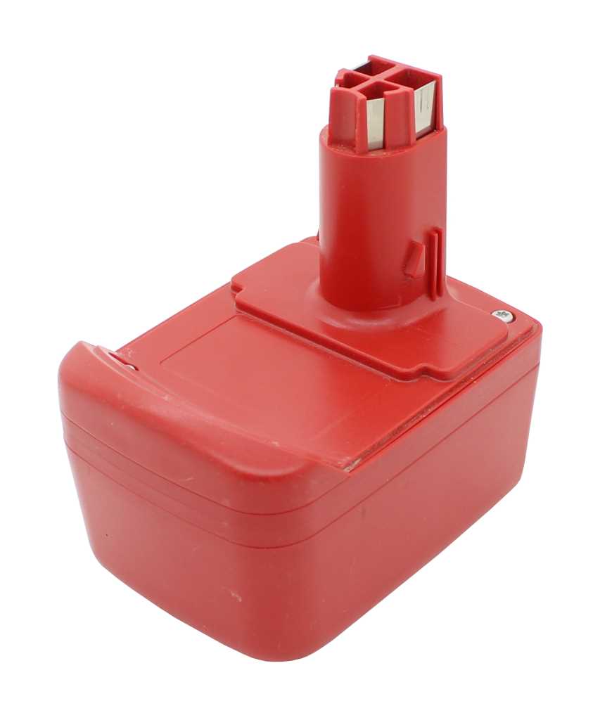 Roter Werkzeugakku mit rechteckigem Gehäuse und aufgesetztem Anschlussstutzen mit Metallkontakten auf weißem Hintergrund