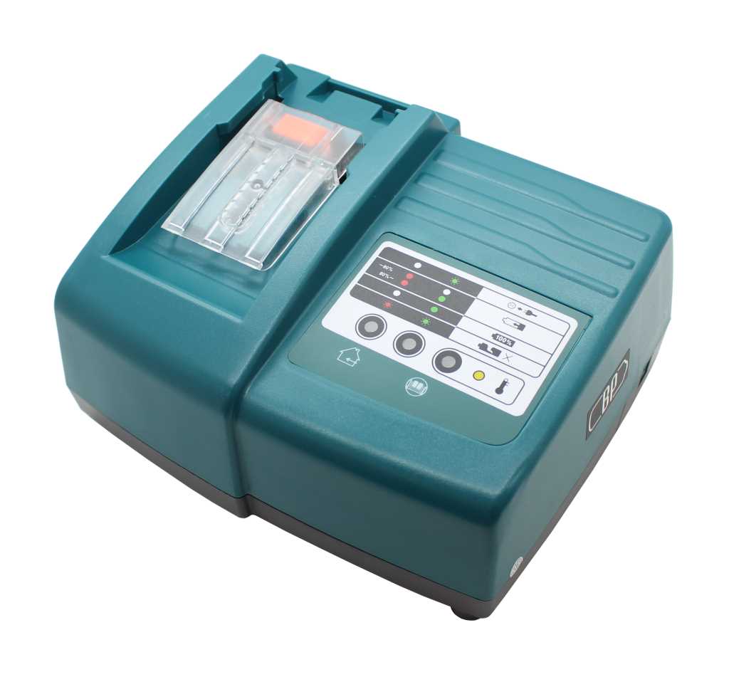 Türkises Akkuladegerät mit transparentem Akkuschacht und Statusanzeige auf der Oberseite