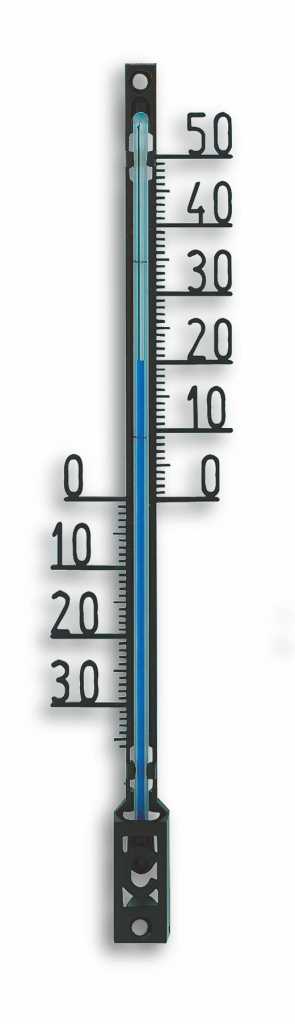 Schwarzes Außenthermometer mit blauer Flüssigkeitssäule und Skala von -30 bis 50 mit zwei Befestigungslöchern oben und unten