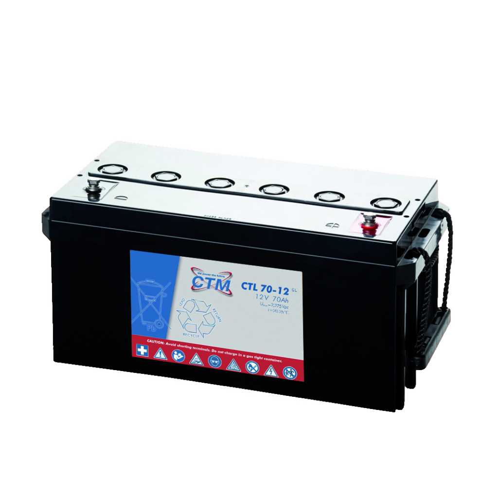 Schwarzer Batteriekasten mit silbernem Deckel, sechs Verschlusskappen, Pluspol rechts und Tragegriff seitlich