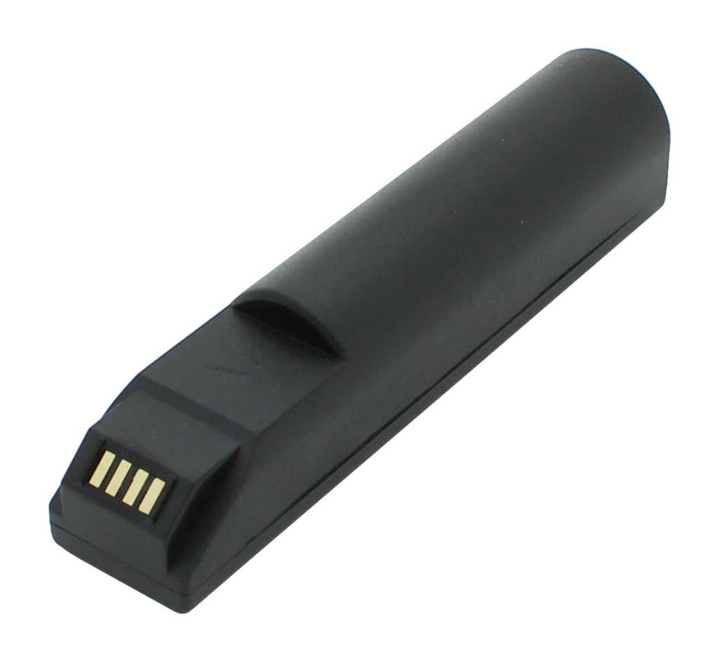 Schwarzer Akku in länglicher Form mit abgerundetem Ende und vier goldfarbenen Kontakten an der Stirnseite