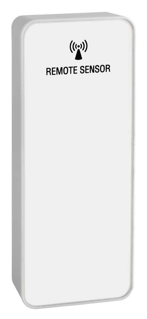 Weißes rechteckiges Gerät mit Funkwellen-Symbol auf der Vorderseite vor weißem Hintergrund