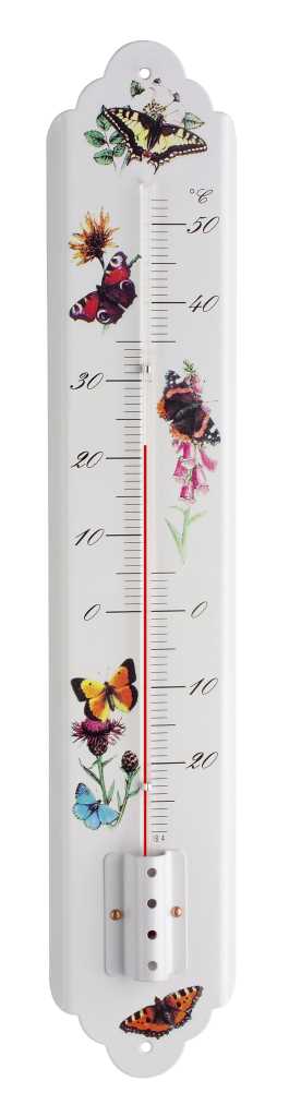 Weißes Wandthermometer mit roter Flüssigkeitssäule und Schmetterlings- sowie Blumenmotiven auf Skala bis 50 °C