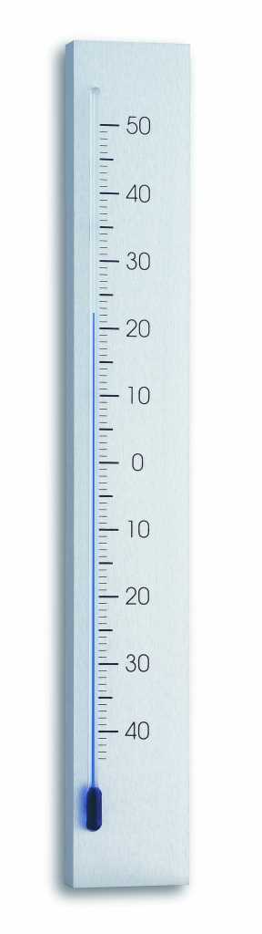 Silbernes, rechteckiges Thermometer mit Skala von 50 bis 40 und blauem Flüssigkeitsfaden links