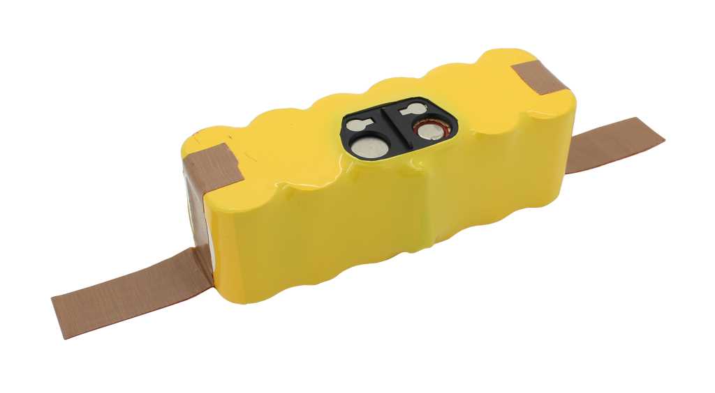 Gelber Akkupack mit schwarzer Kontaktplatte und zwei runden Metallkontakten, zwei braune Laschen seitlich herausragend