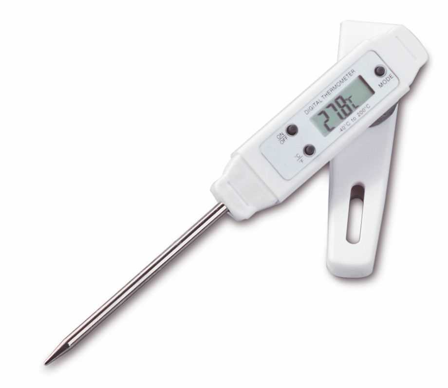 Weißes Einstichthermometer mit Display und Metallsonde, daneben eine weiße Schutzhülle
