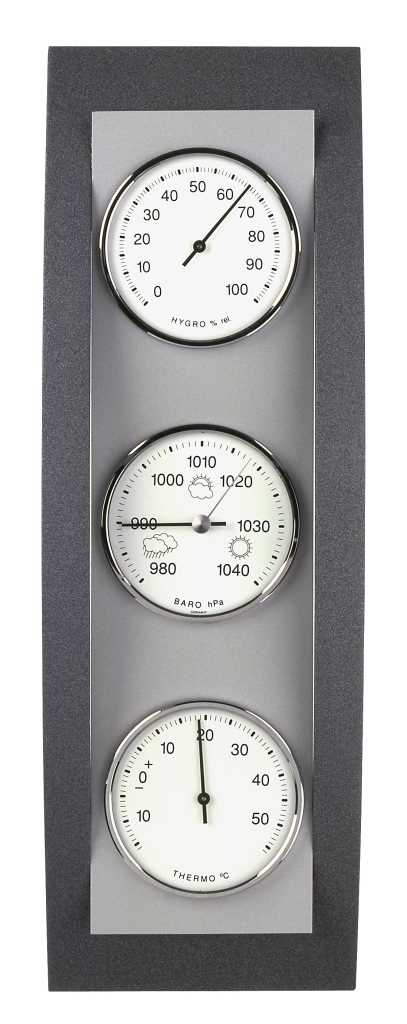 Graue Wandtafel mit drei runden Skalen: Hygrometer oben, Barometer in der Mitte, Thermometer unten