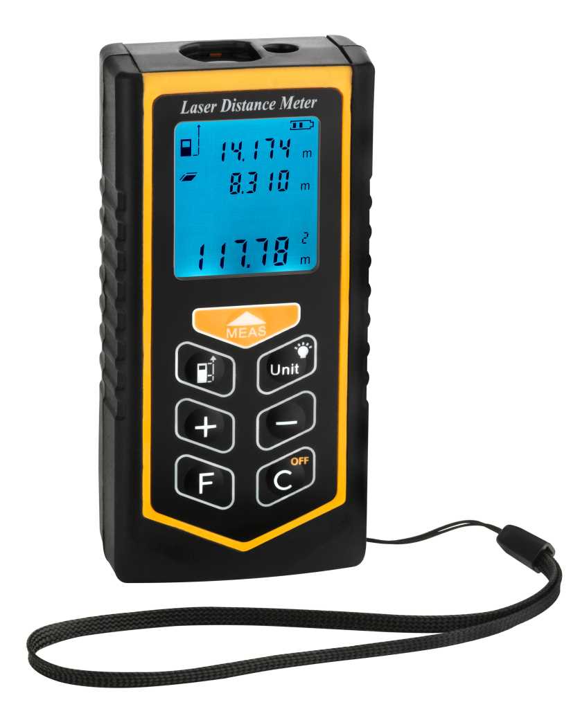 Schwarzes Handmessgerät mit gelbem Rand, blauem Display und Tastenfeld, unten mit Handgelenkschlaufe