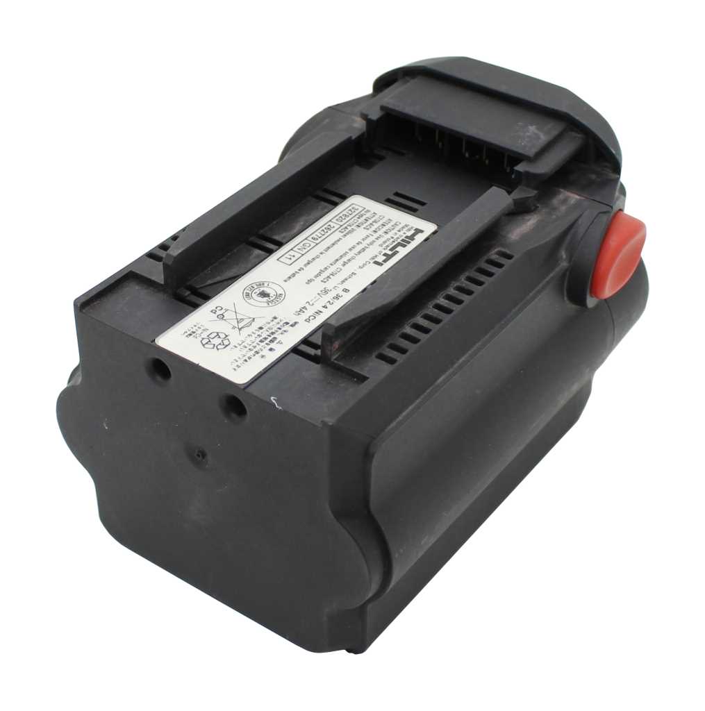 Schwarzer Werkzeugakku mit Etikett, Lüftungsschlitzen und rotem Entriegelungsknopf an der Seite