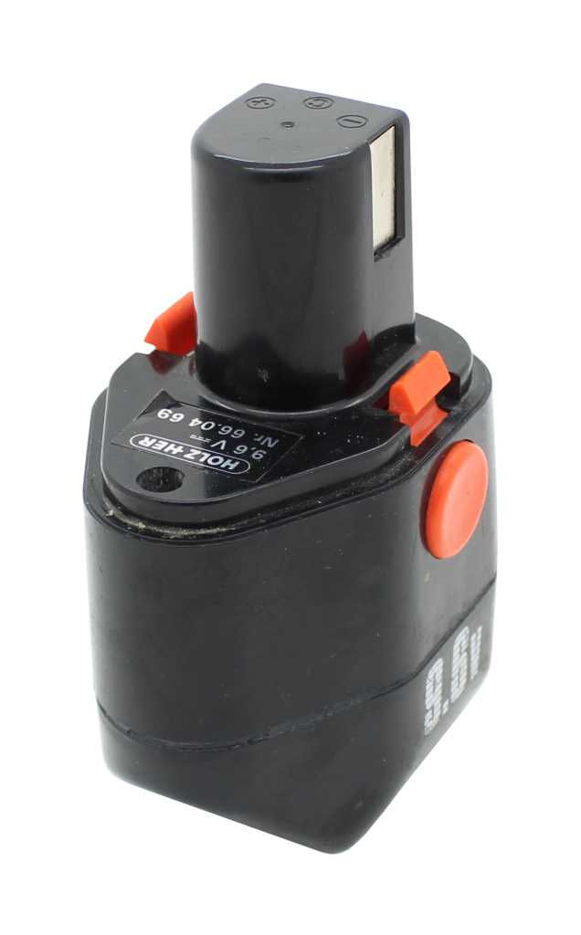 Schwarzer Werkzeugakku mit rotem Entriegelungsknopf und seitlichen Kontakten, Aufdruck 9,6 V