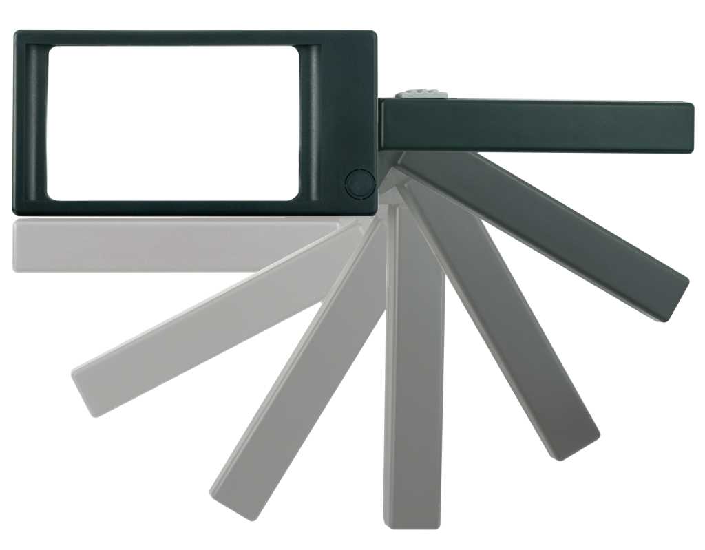 Schwarze rechteckige Lupe mit Griff, mehrere Griffpositionen halbtransparent fächerförmig dargestellt auf weißem Hintergrund