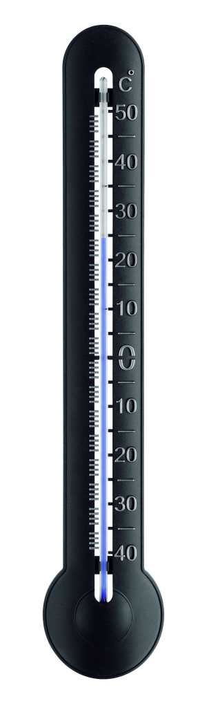 Schwarzes Thermometer mit Celsius-Skala von 50 bis -40 und blau gefärbter Flüssigkeitssäule