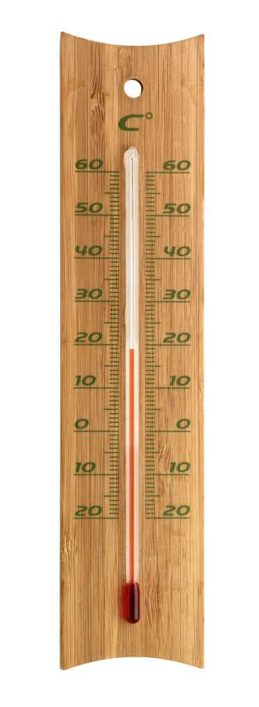 Holzthermometer mit Skala und roter Flüssigkeitssäule, oben Loch zum Aufhängen auf weißem Hintergrund