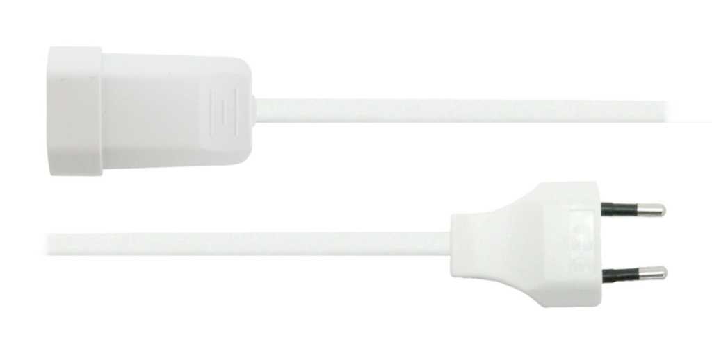 Weißes Verlängerungskabel mit Eurostecker und Kupplung, waagerecht dargestellt