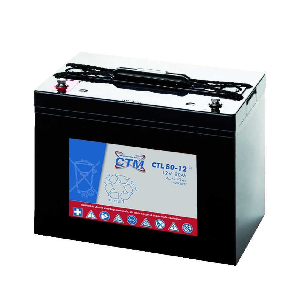 Schwarzer rechteckiger Akkumulator mit Tragegriff und zwei Polen, seitliches Etikett mit Warnsymbolen und Recyclingzeichen