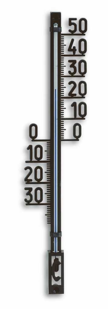 Schwarzes Thermometer mit großer Skala von -30 bis 50 und blauem Flüssigkeitsstreifen auf weißem Hintergrund