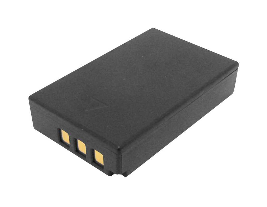 Schwarzer Kameraakku mit drei goldfarbenen Kontakten auf weißem Hintergrund