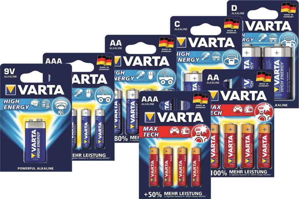 Mehrere Verpackungen mit Varta-Batterien in verschiedenen Größen, darunter 9V-, AAA-, AA-, C- und D-Zellen