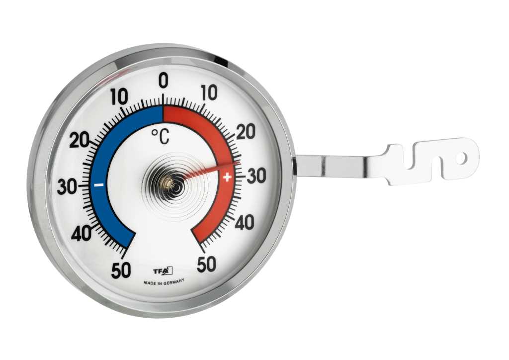 Rundes analoges Thermometer mit blau-roter Skala und Metallring, seitlich Halter mit Loch zum Befestigen