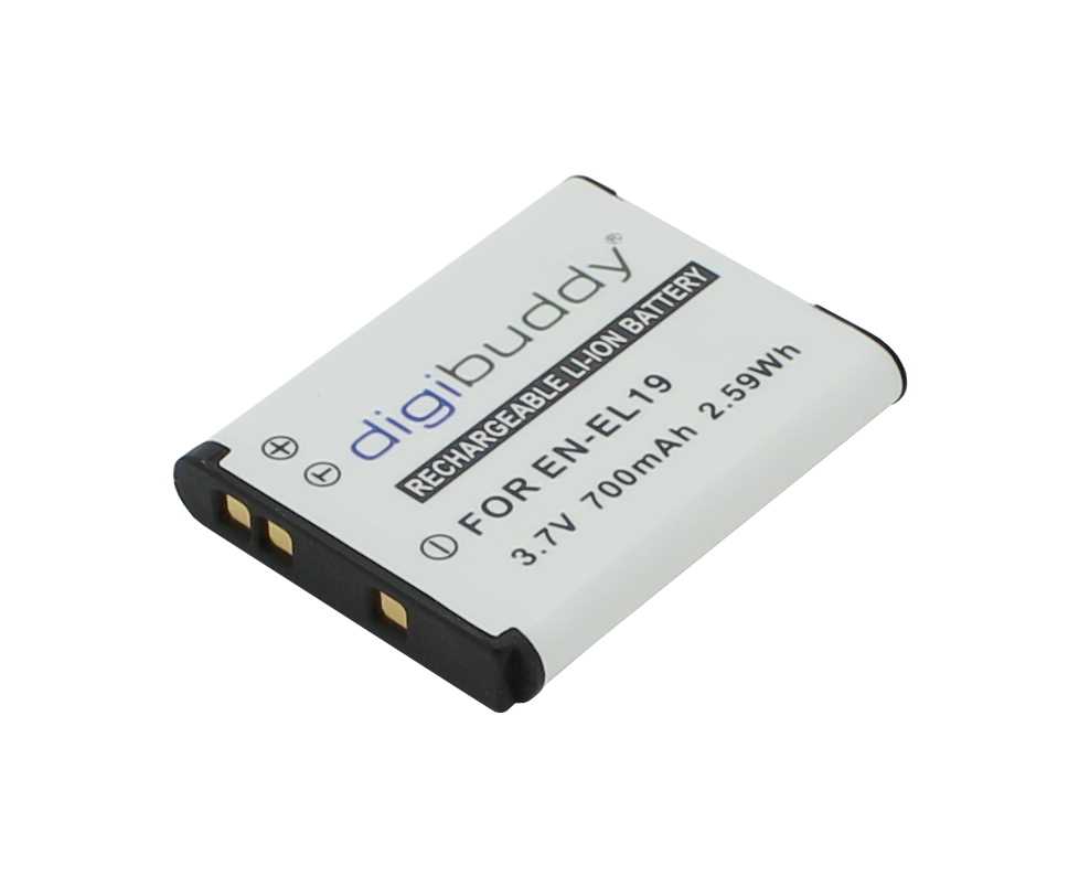 Weißer Kameraakku mit schwarzem Rand und drei goldfarbenen Kontakten auf weißem Hintergrund