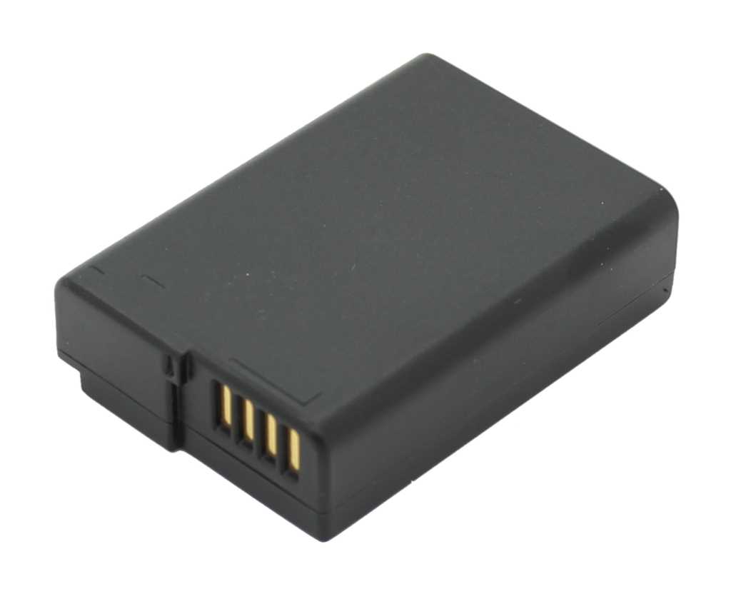 Schwarzer rechteckiger Kameraakku mit fünf goldfarbenen Kontakten auf weißem Hintergrund