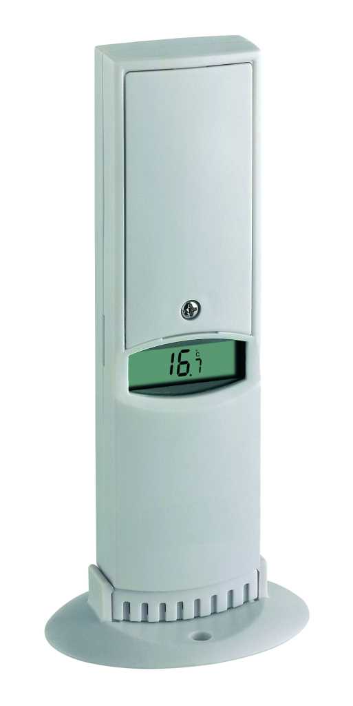Weißes, stehendes Gerät mit rechteckigem Gehäuse und kleinem LCD-Display mit Temperaturanzeige 16,7 °C auf rundem Sockel