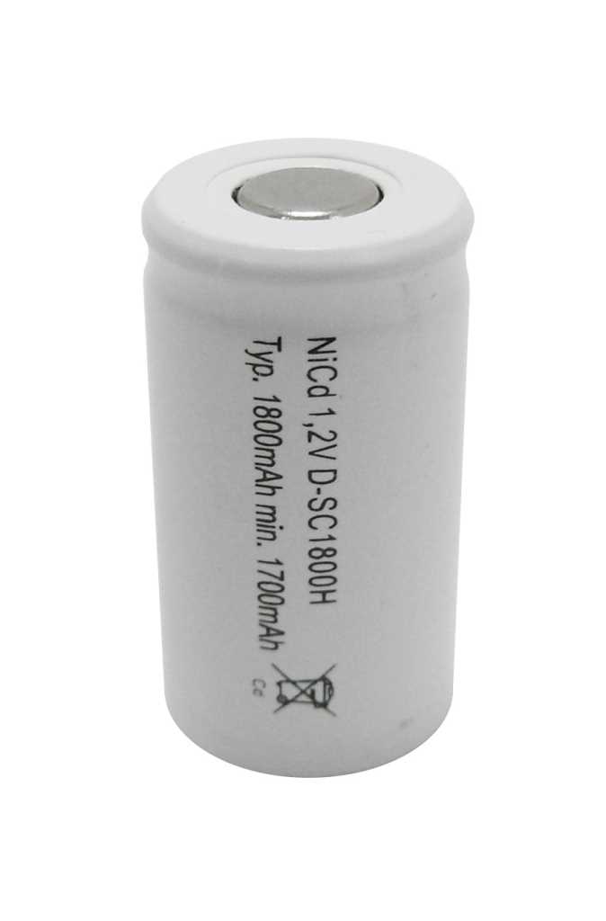 Weiße zylindrische Akkuzelle mit flachem Metallkontakt oben und schwarzer Beschriftung auf der Seite