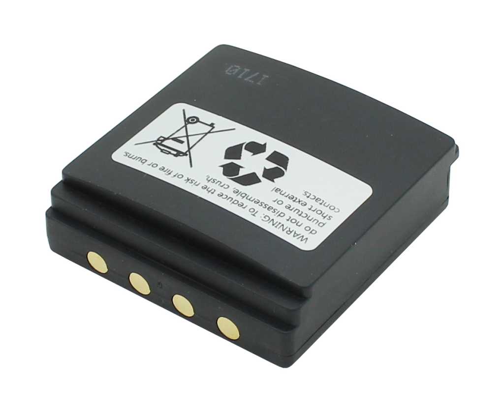 Schwarzer rechteckiger Akkupack mit Warnaufkleber und vier goldfarbenen Kontaktpunkten an der Stirnseite