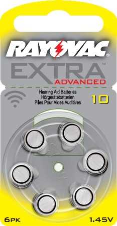 Blisterverpackung mit sechs Knopfzellen in Kreisform und gelbem Rand, oben Trageöffnung sichtbar