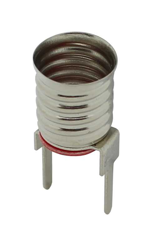 Metallische Lampenfassung mit Schraubgewinde und zwei Kontaktstiften auf weißem Hintergrund