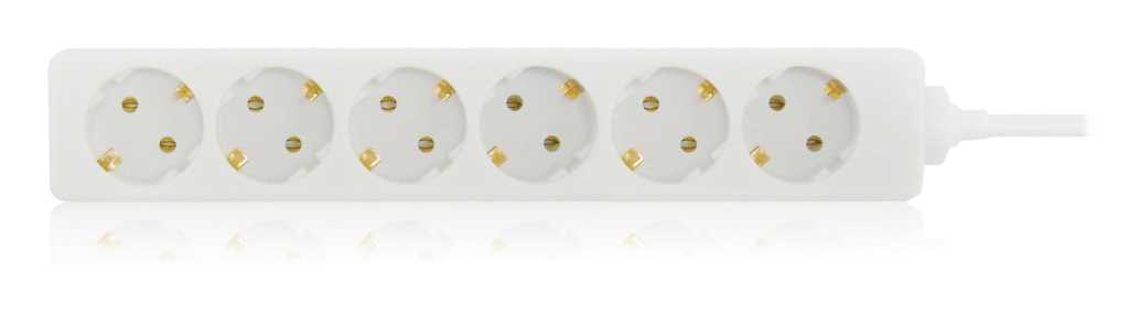 Weiße Steckdosenleiste mit sechs runden Steckplätzen, Kabelausgang rechts