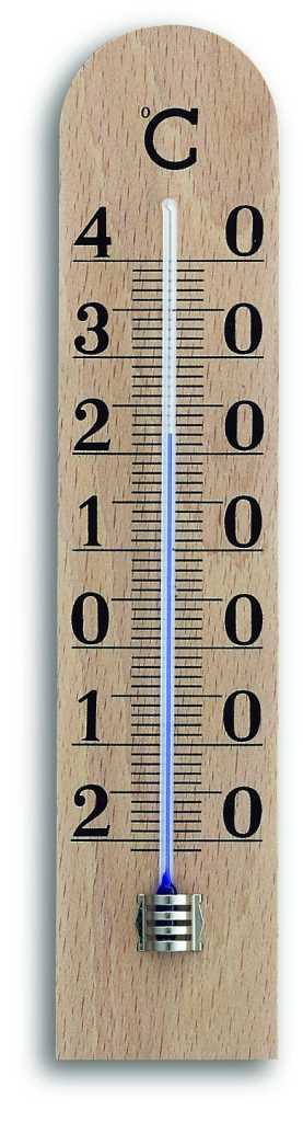Holzthermometer mit Skala in Grad Celsius, blauem Flüssigkeitsfaden und Metallhalter unten