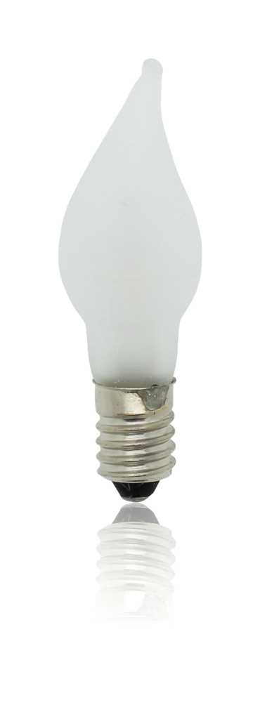 Matte Glühlampe in Tropfenform mit Schraubsockel vor weißem Hintergrund mit Spiegelung unten