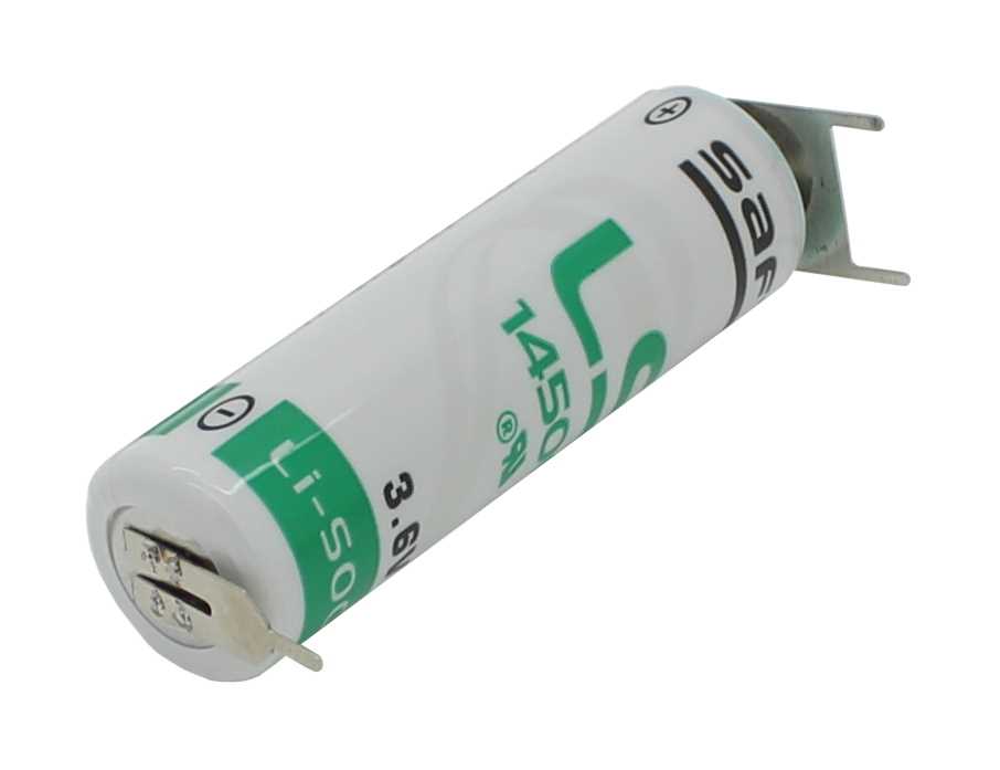 Weiße zylindrische Batterie mit grüner Aufschrift und zwei Metall-Lötfahnen an einem Ende